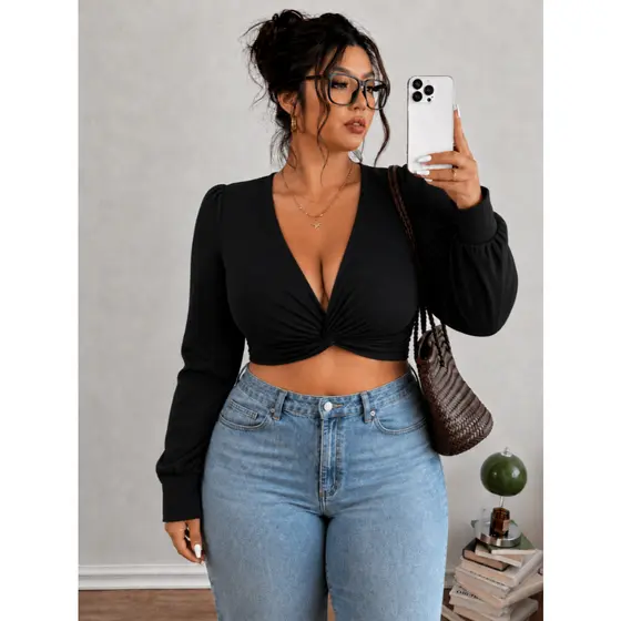 Blusa Feminina Manga Longa Plus Size Multiformas Outono Inverno Cropped Princesa Bufante GG e G3 Diversas Amarrações