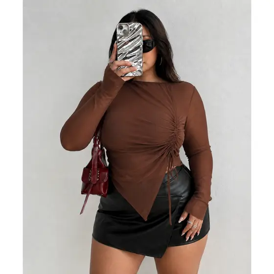 Blusa de Tule Plus Size Boho Manga Longa Gringa Assimétrica Rodeio Balada Evento Social Blusa Elegante