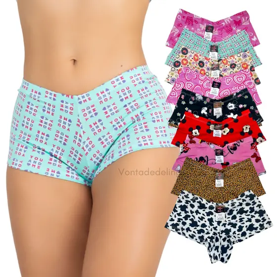 Kit 5 Shorts Calcinhas Boxer Feminina Estampadas Em MicroFibra Com Forro Em Algodão