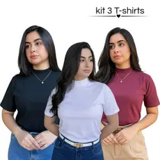 Kit 3 Blusas Femininas Gola Alta Básica de Algodão Fashion e Atemporal