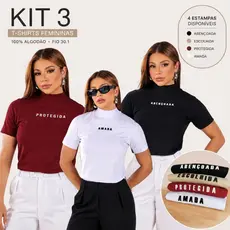 kit 3 Camisetas Femininas Gola Alta 100% Algodão Casual Moderna Manga curta Envio Imediato