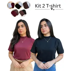 Kit 2 Camisetas Femininas Básicas Gola Alta Algodão Lisa Moderna Elegante Casual Confortável e Estilosa