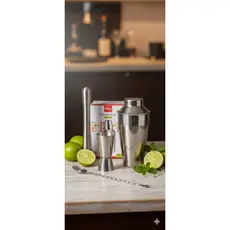 KIT COQUETELEIRA PREMIUM INOX 4 PEÇAS – Coqueteleira, Dosador, Socador, Colher Bailarina e Pegador de Gelo