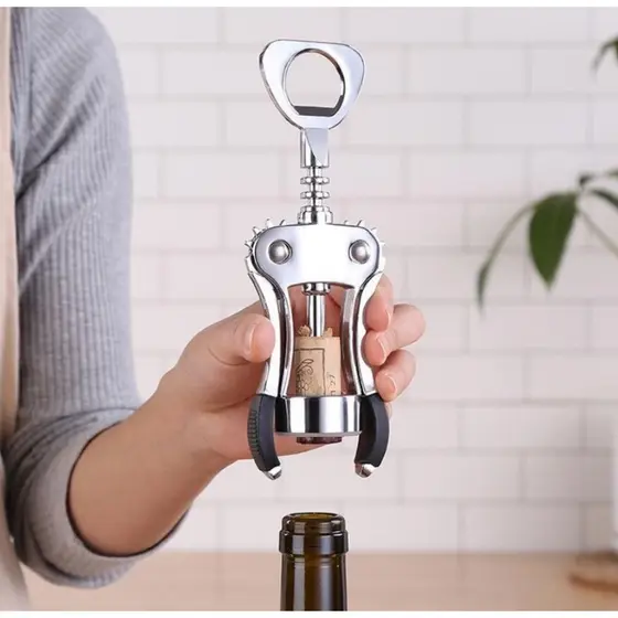Saca Rolha Abridor de Garrafas Manual Santiago Em Inox para Vinho e Cerveja