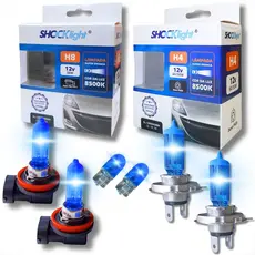 KIT PAR LÂMPADAS SUPER BRANCA H4 + H8 8500K + PAR PINGO T10 UNIVERSAL SHOCKLIGHT