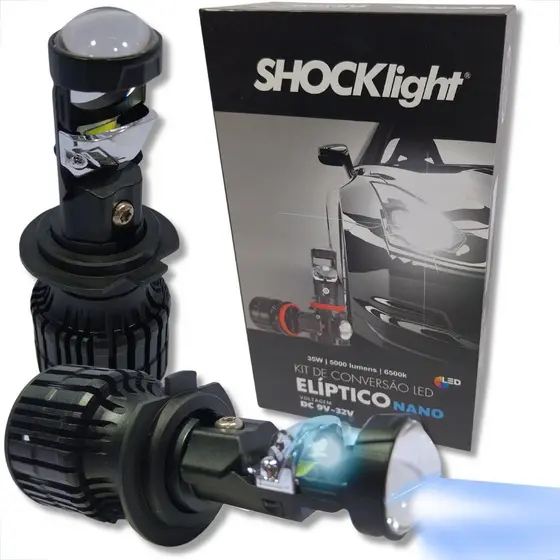 KIT CONVERSÃO ELÍPTICO LED NANO H7 PROJETOR MINI CANHÃO LÂMPADA 5000L 12V 6500K SHOCKLIGHT