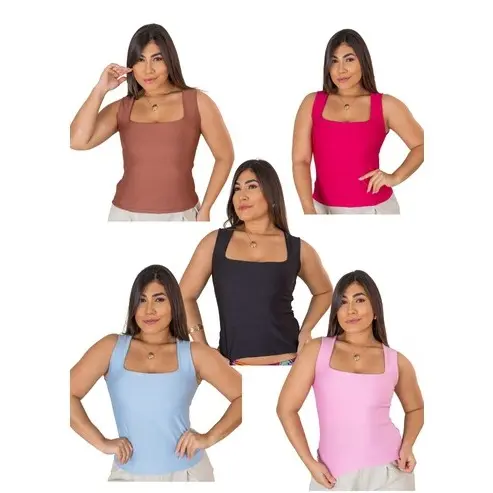 Blusa Feminina Decote Quadrado Reto Em Suplex Regata Feminina Alça Larga Com Decote Sensual Quadrado