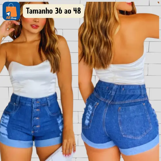 Short Jeans Feminino Cintura Alta Botões Cobertos Hot Pants Jeans Detonado
