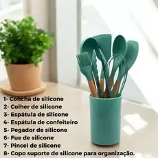 Conjunto  Utensilios Silicone 8 Peças Talheres Fue Espátula Pegador Pincel Concha Faca Cozinha