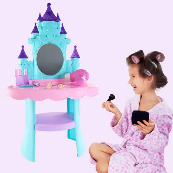 Salão Beleza Penteadeira Infantil Acessórios Espelho Maquiagem Boneca Escova Secador Barbie Brinco