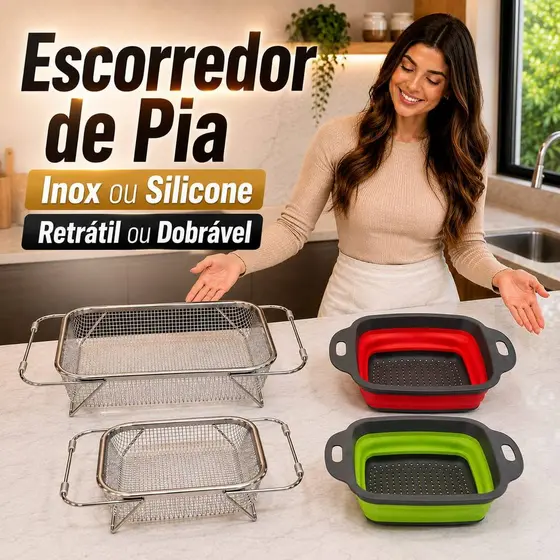 Escorredor de Pia Retrátil Dobravel Inox Silicone Ajustável Multiuso para Frutas Legumes e Louças Cesto Ajustável