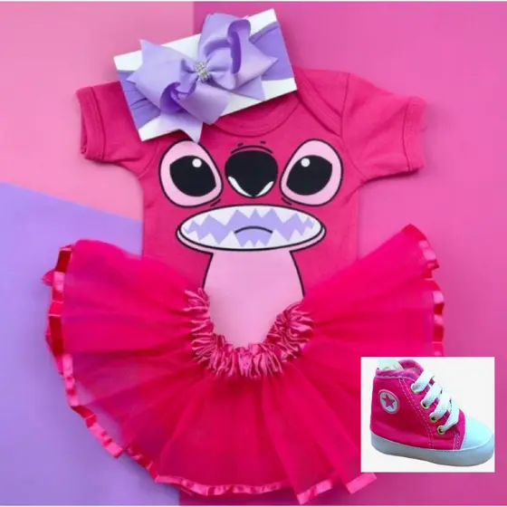 Body Mesversário Bebê Menina Angel - Lilo e Stitch Rosa