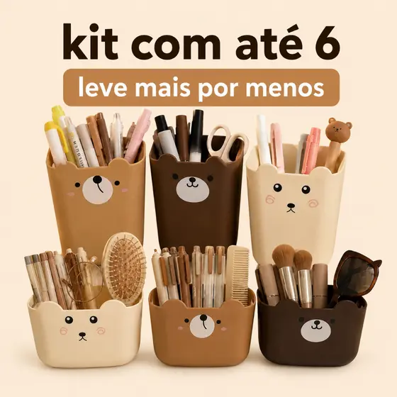 Porta Trecos Organizador de Objetos Multiuso Kit C/Até 9 - Pote Urso e Capivara Fofo P/ Canetas Lápis Pincéis Maquiagem
