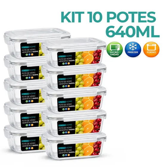 Kit Potes de Vidro 640ml/340ml Hermético Marmita Fit com Tampa 4 Travas
