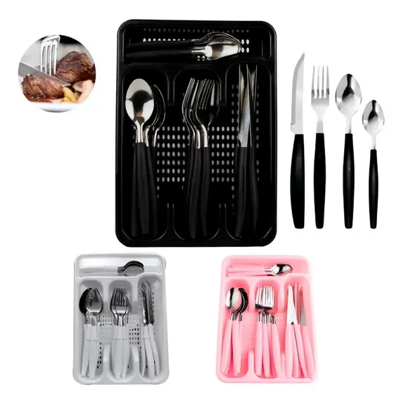 Jogo De Talheres inox Faqueiro Porta Talher Com 25 Peças Preto Branco E Rosa