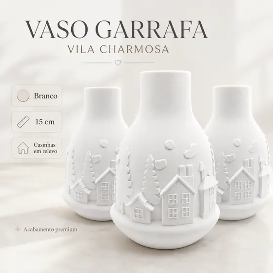 Vaso Garrafa Decorativo Vila Charmosa Branco – Multiuso, Casas em Relevo e Acabamento Premium