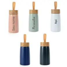 Mini Garrafa Inox 250 ml parede dupla personalizada tampa design bambu alça silicone lancheira/bolsa