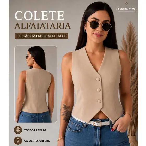 Colete Alfaiataria Feminino Curto Cinturado Elegante Botões Forrados