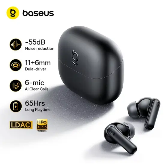 Baseus BP1 Pro ANC Fone De Ouvido Sem Fio-50dB Redução De Ruído De Alta Resolução Bluetooth 6.0 IPX55 À Prova D'água