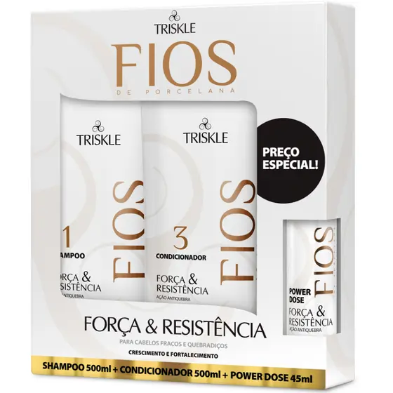 Kit Triskle Fios Porcelana Força Resistência Shampoo 500ml Condicionador 500ml Megadose 45ml