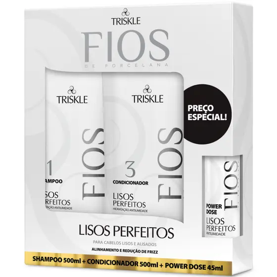 Kit Triskle Fios Porcelana Lisos Perfeitos Antifrizz Shampoo 500ml Condicionador 500ml Megadose 45ml