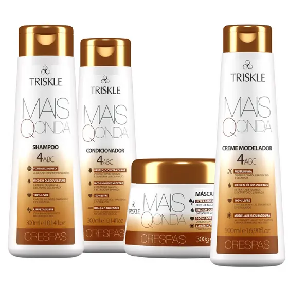 Kit Triskle Mais Q Onda Crespas Shampoo Condicionador 300ml Máscara 300g Modelador 4ABC 500ml