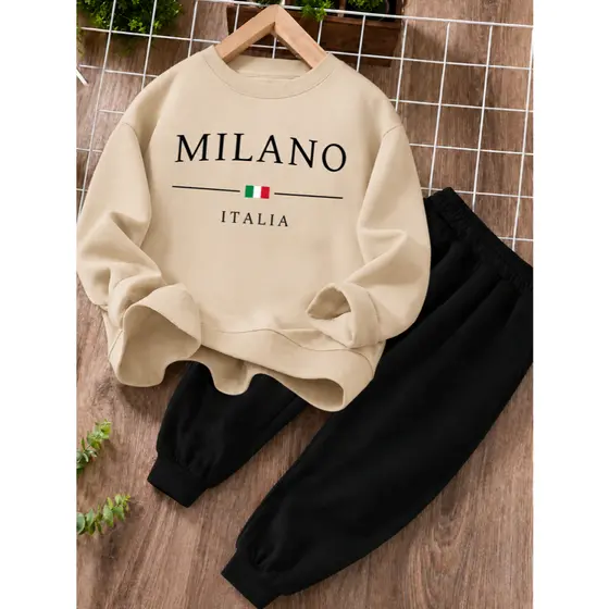 Kit Conjunto de Moletom e Calça Casual Minimalista de Manga Longa para Menino, flanelado