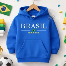 Moletom Infantil Flanelado Brasil Blusa de Frio com Capuz e Bolso Canguru Mundo Torcedor