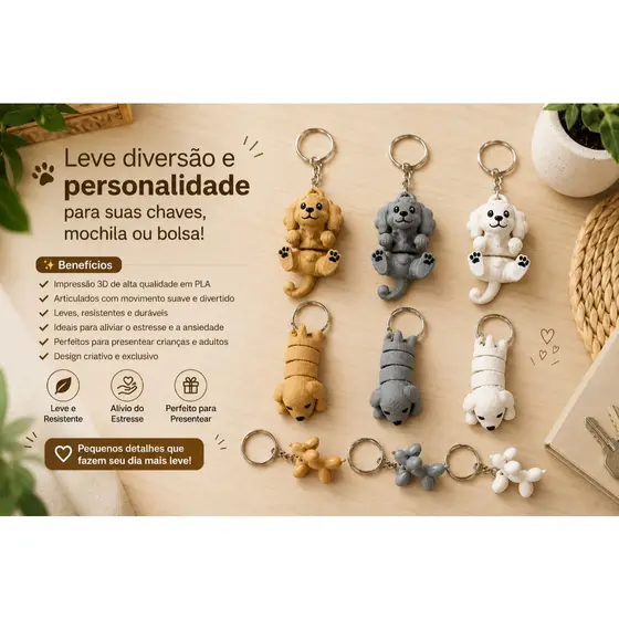 Kit Chaveiros Articulados Cachorrinhos em Impressão 3D – Fidget Antiestresse