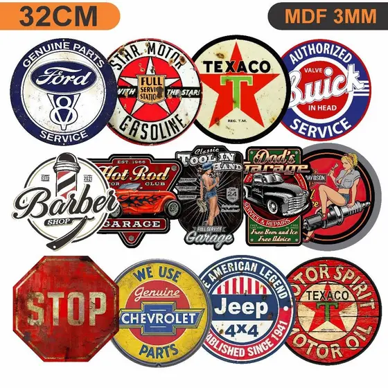 Placas Decorativas com 32cm para Barbearias, Adegas, tabacaria, oficinas de marcas de carros e cultura POP, MDF
