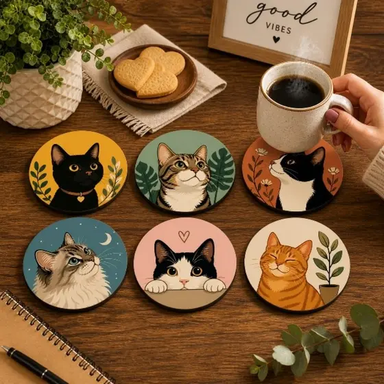 Kit 6 Porta Copos MDF 9cm Decorativos – Proteção para Mesa | Temas Praia, Cachorro, Gato e Fazenda