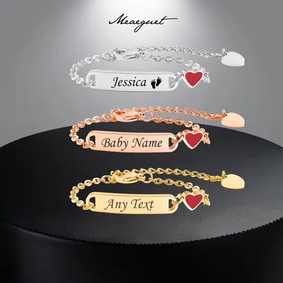 Meaeguet Pulseira Personalizada Com Nome De Bebê Coração , Inoxidável Para Meninas