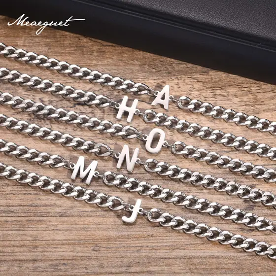 Pulseira Meaeguet Silver Inicial Para Homens , Corrente De Ligação Cubana Com Carta A-Z Amigo Pai Filho Marido