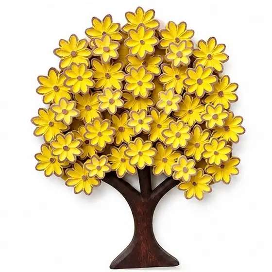 Árvore Decorativa de Parede com Flores Amarelas em Madeira Painel Decorativo Árvore com Flores Amarelas para Sala