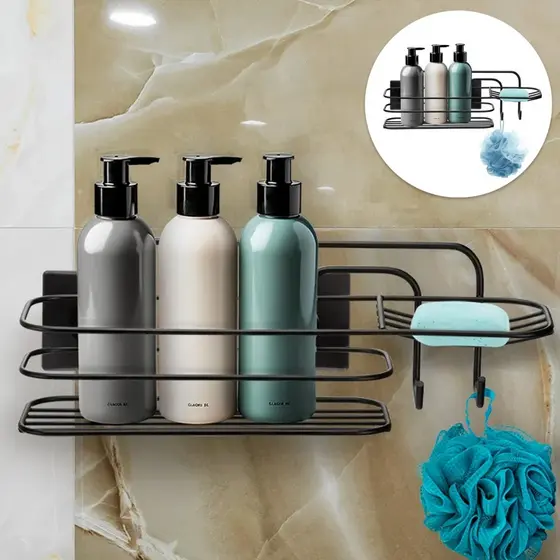 Suporte Banheiro Cantoneira Porta Shampoo Saboneteira Aramado Fita Dupla Face Preto Black Arthi