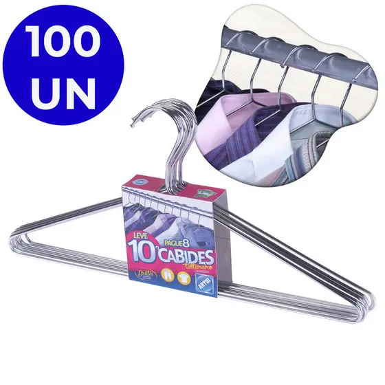Kit 100 Cabide Slim Aço Reforçado Arara Roupa Calça Camisa Blusa Guarda Roupa Closet Cromado Arthi