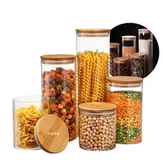 Kit 5 Potes de Vidro Herméticos com Tampa de Bambu Organizador  para Mantimentos Grãos Café Tippi