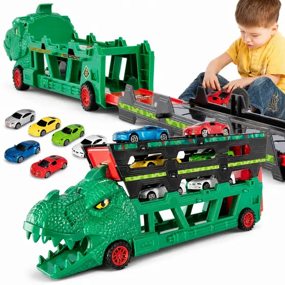 Carrinho Caminhão Carreta Cegonha Leva Carros Dinossauro Com Carrinhos Com Pista Infantil Kizumba