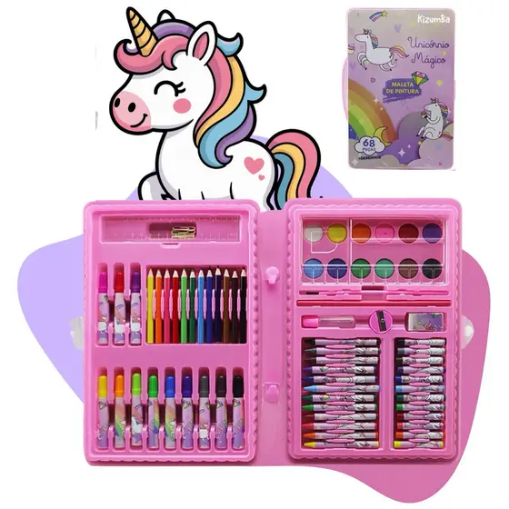 Kit Maleta De Pintura Infantil Unicórnio 68 Peças Estojo Escolar Com Canetinhas Criança Kizumba