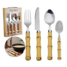 Faqueiro Jogo Talheres Bambu 24 Peças Aço Inox Garfo Faca Colher Para Mesa Cozinha Premium Shokki<