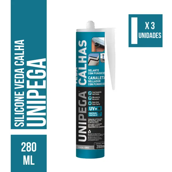 KIT 3 Cola Selante Veda Calha Fungicida 280ml Cinza Unipega