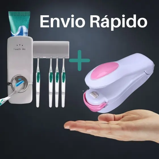 Kit com Dispenser Porta Pasta de Dente e Mini Seladora para Lacrar Sacos e Embalagens