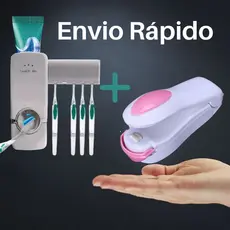 Kit com Dispenser Porta Pasta de Dente e Mini Seladora para Lacrar Sacos e Embalagens