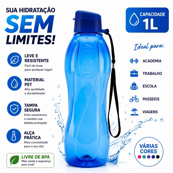 Garrafa de Água Squeeze PET 1 Litro Mônaco Colorida Lisa | Tampa Flip Top com Alça