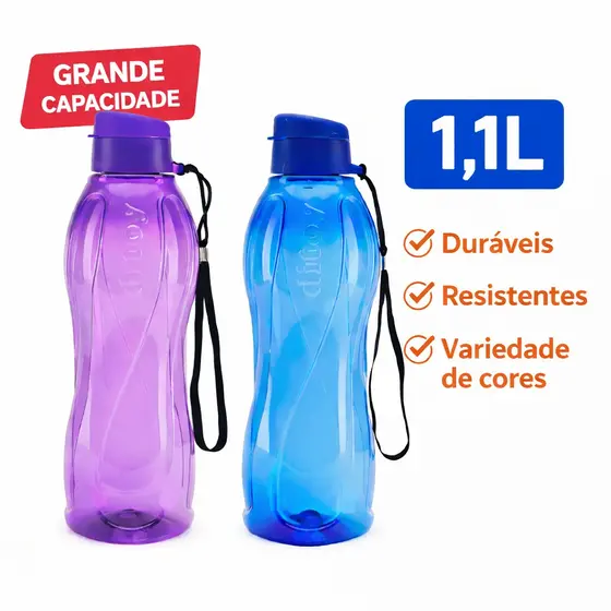 Garrafa 1,1L Squeeze PET Academia com Alça Flip Top 1 Litro Fitness Escolar