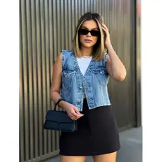 Jaqueta jeans colete bolso aba botão frente blusa 051