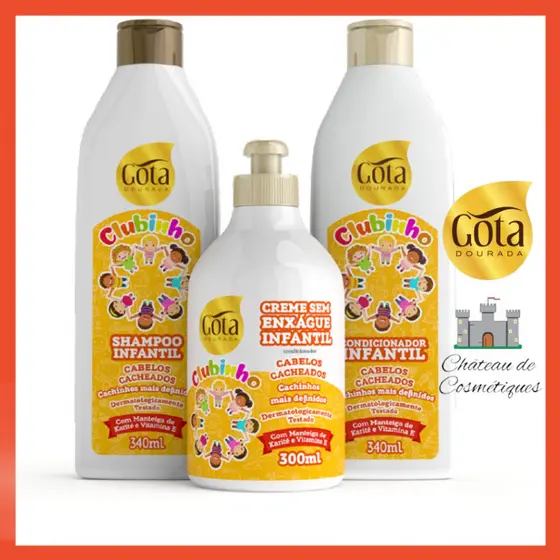 Kit Gota Dourada Infantil Clubinho Cacheados com Shampoo Condicionador e Creme de Pentear