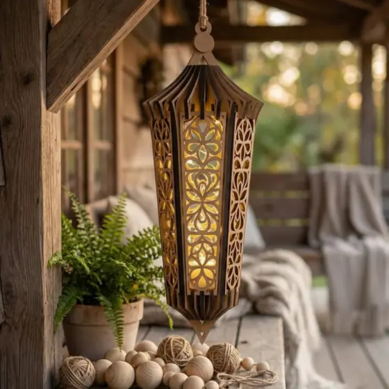 Pendente Lanterna Porta Velas em MDF CRU Luminária Lampião Vazado Boho Enfeite de Luxo