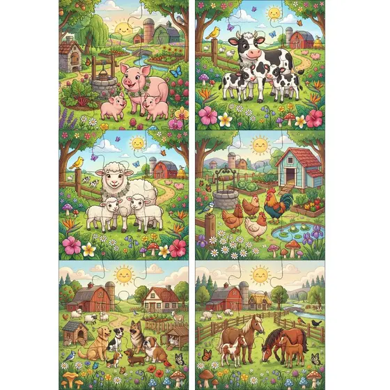 Kit 6 Quebra-Cabeças Infantil Animais Safari Fazenda em MDF 9 Peças Cada, Educativo, Colorido e Divertido