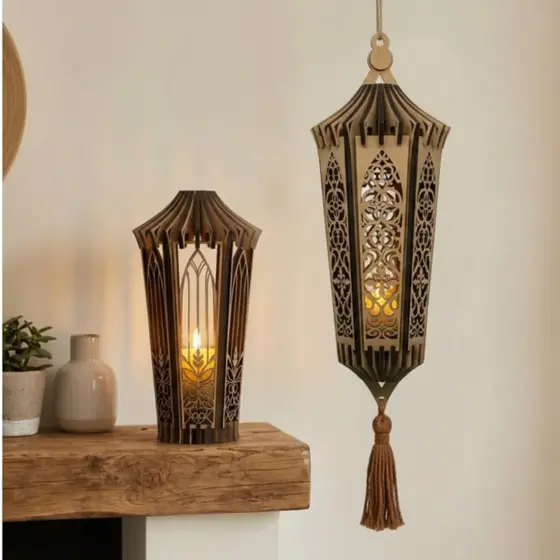 Par Lanternas Decorativas MDF CRU Luminária Porta Velas Lampião Vazado Boho Enfeite de Luxo